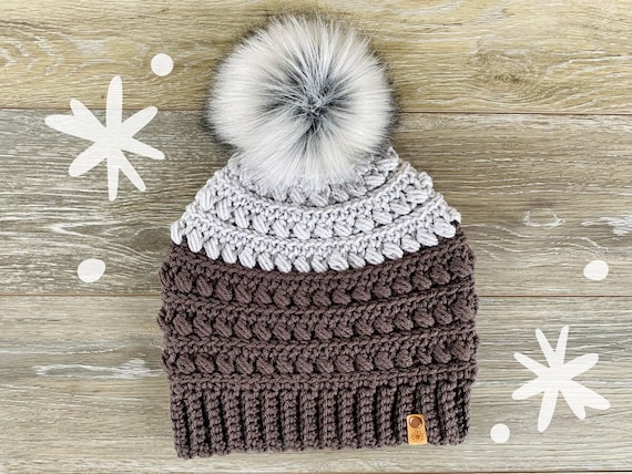 Crochet Winter Beanie: Gray Slouchy Pom Pom Hat - Etsy display picture 1