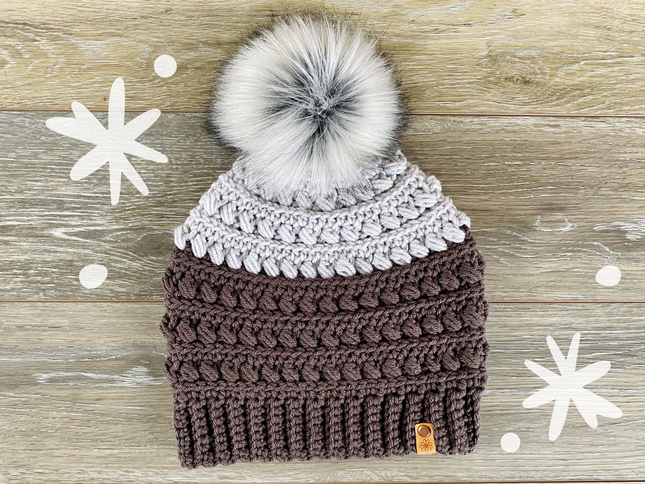Handcrafted Crochet Winter Hat Beanie with Pom Pom Tan Gray Cream Brown Marble Crochet Winter Beanie: Gray Slouchy Pom Pom Hat - Etsy main image 3