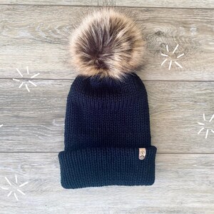 Black Knit Hat, Knit Beanie for Women, Pom Pom Beanie, Double Layer, Thick Knit Hat, Winter Beanie, Fall Beanie, Gift for Her, Black Toque