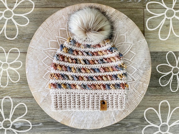 Fall Pom Pom Hat, Winter Beanie, Striped Beanie, Fall Colors, Gift for Her, Toque with Pom Pom, Cozy Beanie, Crochet Hat, Handmade Beanie