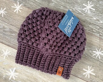 Crochet Messy Bun Beanie: Adult Ponytail Hat, Graphite Gray