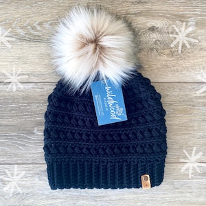 Crochet Beanie, Pom Pom Hat, Handmade Beanie, Fall Hat, Winter Accessories, Black Beanie, Hat for Women, Gift for Her