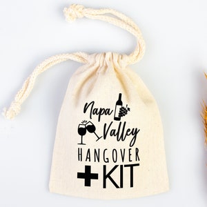 Napa Valley Hangover Bag, Bachelorette Favor Party Bags, Survival, Recovery Party Custom Name Print, Organic Cotton Drawstring Pouchs Bag
