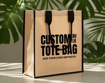 Pack of 2 Custom Jute Tote Bag Bulk with Logo, Personalized Bridesmaid Gift Bag, Large Reusable Shopping & Beach Tote Bag