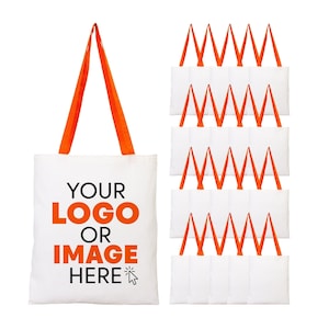 Custom 5 Oz Cotton Tote Bags with Orange Handles, Personalization, Promotional Items, Grocery Reusable Bags, With Logo, Wedding Gift