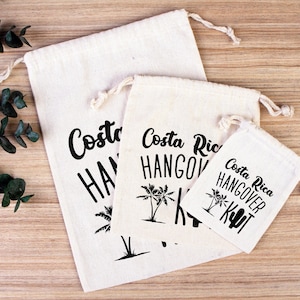 Costa Rica Hangover Bags , Party Bags, Survival, Recovery Kit Party Bachelorette Custom Name Print, Organic Cotton Drawstring Pouchs Bag