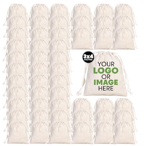 Pochettes en coton avec logo personnalisé - 3 x 4 petits sacs cadeaux avec cordon de serrage en vrac - Pochettes en mousseline naturelle pour mariages, événements et promotions