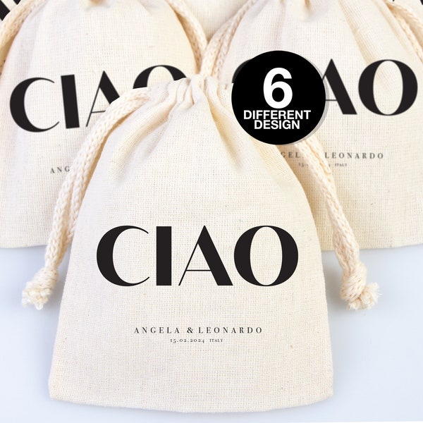 Ciao ! Sac de faveur de mariage en Italie, sac de bienvenue de mariage italien, cadeau d’Italie, fourre-tout de mariage personnalisé en Italie, fourre-tout de bienvenue de mariage de destination