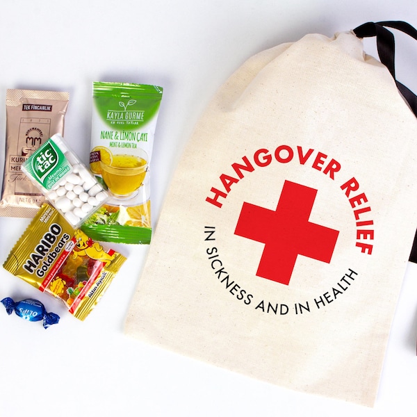 hangover relief in sicknees and health kit bags, Hangover bags with Black Ribbon, Hangover kit bags, Wedding Recovery Kit Party bags