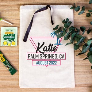 Palm Springs Bachelorette Hangover Kit Bags, Personalized Cotton Ribbon Drawstring Bulk Favors