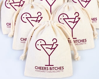 ¡Salud, perras! Bolsas de algodón con cordón para el kit de resaca, recuerdos personalizados para cumpleaños número 21.