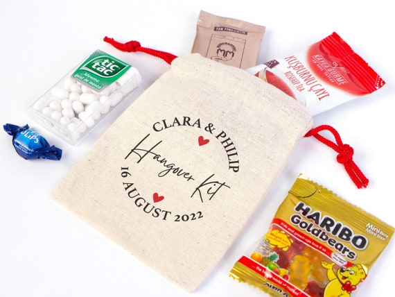 Pack of 35 Custom Hangover Kit Bags: Bachelorette Party Favor, 4x5 Cotton Pouch