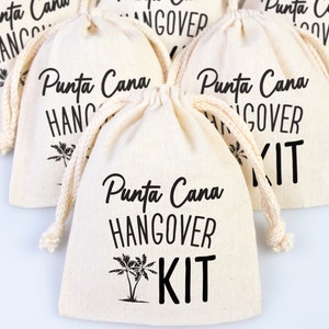 Punta Cana Hangover Kit Bag, Bachelorette Favor Party Bags, Survival, Recovery Party Custom Name Print, Organic Cotton Drawstring Pouch Bag