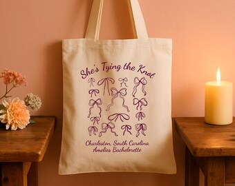 She's Tying The Knot Bow Name Tote - Coquette Bachelorette - Bridesmaid Gifts - Bachelorette  Tote