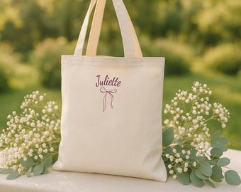 Personalized Bow Name Cotton Canvas Tote Bags, Bulk Coquette Bachelorette Party Favors