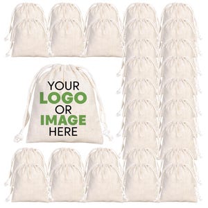 Custom Logo Gift Bags - Bulk Printed Small Cotton Drawstring Pouches - Eco-Friendly Reusable Favor Bags for Weddings, Parties & Promotions