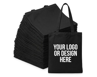 Borse tote personalizzate all'ingrosso con logo / Borse tote in tela nera per gadget aziendali, regali aziendali e merchandising di squadra / Gabardine 14x16, bozza gratuita