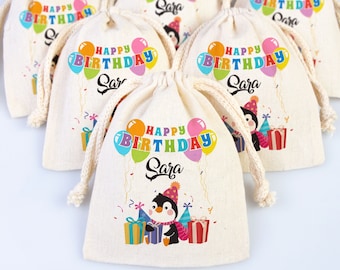Bolsas personalizadas para regalos de fiesta de cumpleaños con diseño de pingüino: Bolsas de algodón personalizadas para obsequios.