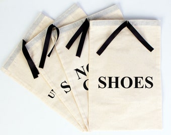 Wholesale Logo Printed Shoe Bags | Custom Drawstring Shoe Organizers | 2 Sizes | Cotton Pouch Shoe Bags with Black Ribbon