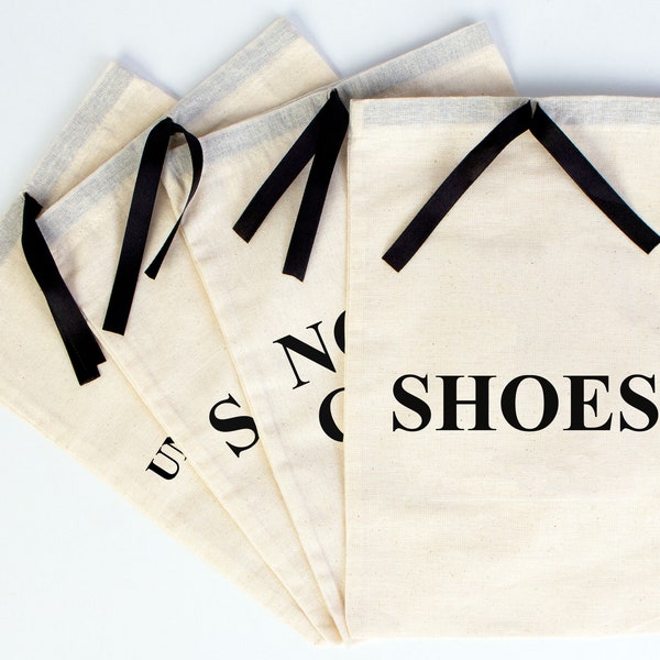 Wholesale Logo Printed Shoe Bags | Custom Drawstring Shoe Organizers | 2 Sizes | Cotton Pouch Shoe Bags with Black Ribbon