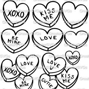 May include: Black and white illustration of various heart-shaped candy with different messages, including "Cutie", "Love U", "XOXO", "Kiss Me", "Be Mine", and "Love".