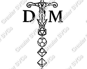 May include: Black and white graphic of a sword with the letters "DM" on the hilt. Below the sword are various geometric dice shapes. The design is likely for a role-playing game.