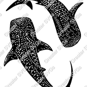 Könnte beinhalten: Schwarz-Weiß-Illustration von zwei Walhaien. Die Haie sind mit ihren charakteristischen Fleckenmustern und großen Flossen vor weißem Hintergrund dargestellt. Geeignet für Grafikdesign und verschiedene Anwendungen.