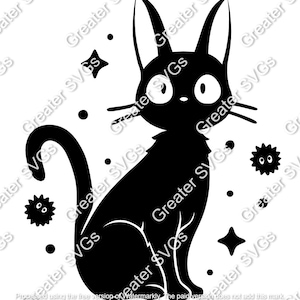 May include: Black cat silhouette with large eyes, long ears, and whiskers, surrounded by stars and dots. The cat is sitting upright with its tail curved. A whimsical illustration.