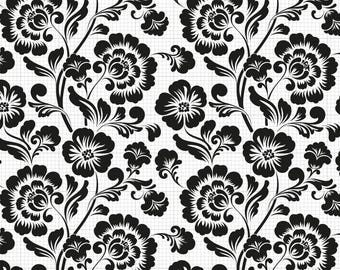 May include: Black and white floral pattern with a repeating design of stylized flowers and leaves.