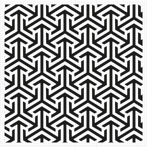 Puede incluir: Patrón geométrico en blanco y negro con un diseño repetitivo en forma de flecha. El patrón está compuesto por formas entrelazadas, creando una composición visualmente dinámica y simétrica. El diseño está sobre un fondo de cuadrícula.