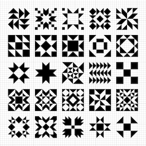 May include: A grid of twenty-five black and white quilt block designs. Each block features a unique geometric pattern, including stars, squares, and triangles. The blocks are arranged on a white background with a subtle grid pattern.