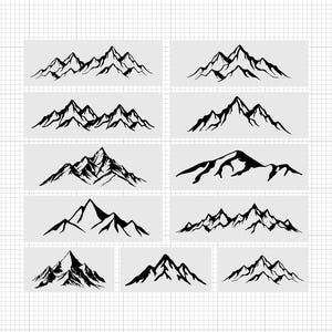 May include: A collection of black mountain range illustrations on rectangular gray backgrounds. The designs vary in style, depicting peaks and valleys. The image is set against a grid background, suitable for various creative applications.