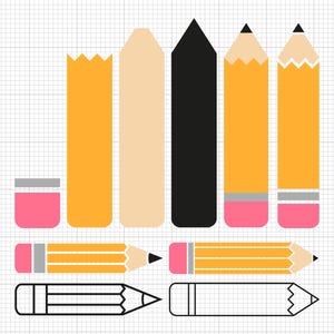 Op de afbeelding: Een set van zes potloden, waaronder een zwarte kleurpotlood, en drie geslepen potloden met roze gummen. Er zijn ook drie ongeslepen potloden met grijze gummen. De potloden zijn in een rij op een witte rasterachtergrond gerangschikt.