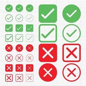 May include: A set of 18 green and red tick and cross icons. The icons are in various shapes, including circles, squares, and rounded squares. The icons are on a white background with a grid pattern.