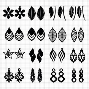 May include: A collection of black earrings in various designs, including floral, leaf, teardrop, and abstract shapes. The earrings are displayed against a white grid background, showcasing their intricate cut-out patterns and diverse styles.