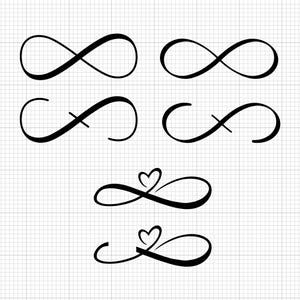 May include: Black infinity symbol designs in various styles, including classic loops, crossed lines, and heart accents. The designs are displayed on a grid background, suitable for digital art or crafting projects.