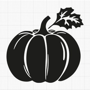 May include: A black and white graphic of a pumpkin with a stem and leaf. The pumpkin is round with vertical lines to show the sections. The stem is curved and the leaf has detailed veins. This image is perfect for fall-themed crafts and decorations.