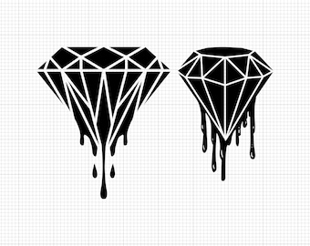 Könnte beinhalten: Zwei schwarze Diamantenformen mit weißen Umrissen, die mit schwarzer Flüssigkeit tropfen. Die Diamanten sind stilisiert und haben ein geometrisches Design.