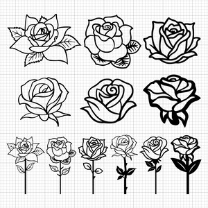 Könnte beinhalten: Eine Sammlung von Schwarz-Weiß-Rosenillustrationen. Das Bild zeigt verschiedene Rosendesigns, darunter detaillierte Umrisse von Rosenblüten und vereinfachte Anordnungen von Stielen und Blüten. Die Rosen sind in verschiedenen Stilen dargestellt, geeignet für Bastel- oder Designprojekte.