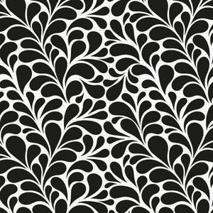 May include: Black and white floral pattern. The design features a repeating pattern of stylized teardrop shapes arranged in a flowing, organic manner. The background is a grid of small squares.