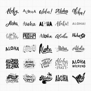 Op de afbeelding: Een raster van zwart-witte "Aloha" ontwerpen in verschillende lettertypen en stijlen. Sommige ontwerpen bevatten extra tekst zoals "Summer", "Hawaii" en "Weekend". Een handgebaar met het woord "Aloha" is ook inbegrepen.