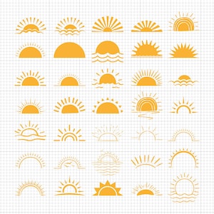 May include: A collection of yellow sun illustrations in various styles. The designs include suns with rays, suns over water, and simple half-circle suns. The images are on a grid background.
