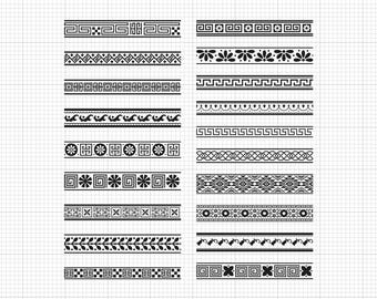 Puede incluir: Una colección de diseños de bordes decorativos en blanco y negro. La imagen muestra varios patrones, incluyendo formas geométricas, motivos florales y líneas repetidas, adecuados para proyectos de diseño o manualidades. Los bordes se muestran sobre un fondo de cuadrícula.