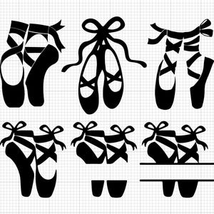 Könnte beinhalten: Ein Satz von sechs schwarzen Ballerinasilhouetten, einige mit Bändern, einige mit Schleifen und einige mit einem Monogrammbereich. Die Silhouetten sind in drei Reihen angeordnet.