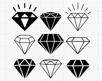 May include: Nine black and white diamond illustrations with different styles. Some diamonds have a starburst effect, while others have a more simple design.