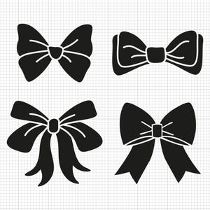 K&ouml;nnte beinhalten: Vier schwarze Schleifendesigns, jedes mit einer anderen Form und einem anderen Stil. Die Schleifen sind auf wei&szlig;em Hintergrund isoliert.