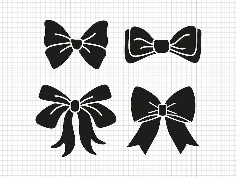 K&ouml;nnte beinhalten: Vier schwarze Schleifendesigns, jedes mit einer anderen Form und einem anderen Stil. Die Schleifen sind auf wei&szlig;em Hintergrund isoliert.