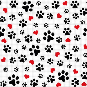 May include: A seamless pattern featuring black paw prints and red hearts on a white background. The pattern is repeated throughout the image.