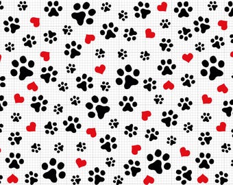 Puede incluir: Un patrón sin costuras con huellas de patas negras y corazones rojos sobre un fondo blanco. El patrón se repite en toda la imagen.