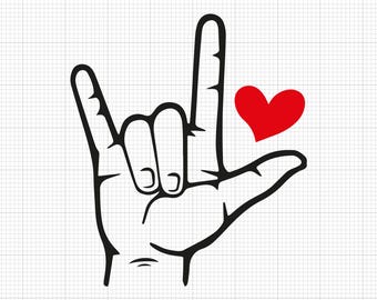 Puede incluir: Una ilustración en blanco y negro de una mano haciendo el signo de lenguaje de señas americano para "Te amo". Un corazón rojo se muestra al lado de la mano.